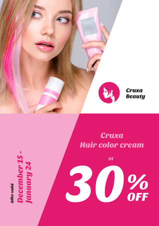 Hair Color Cream Offer with Young Woman with Pink Hair Flyer A4 Design Template