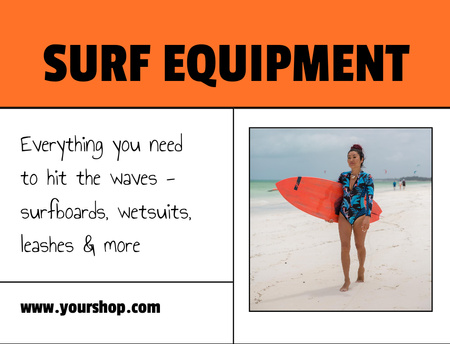 Designvorlage Surfausrüstungsangebot mit Frau mit Surfbrett für Postcard 4.2x5.5in
