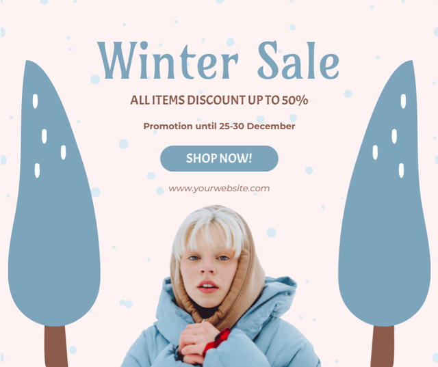 Winter Sale Promotion with Girl Teenager in Warm Clothes Facebook Design Template