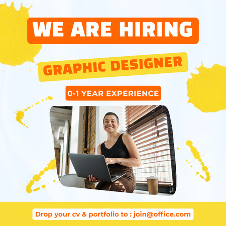 Keltainen mainos graafisen suunnittelijan rekrytoinnista Instagram Design Template