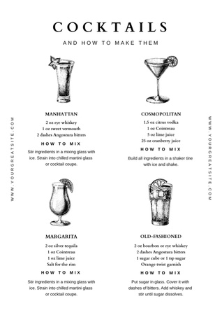 Vintage Sketch Cocktails Recipes Black and White Menuデザインテンプレート