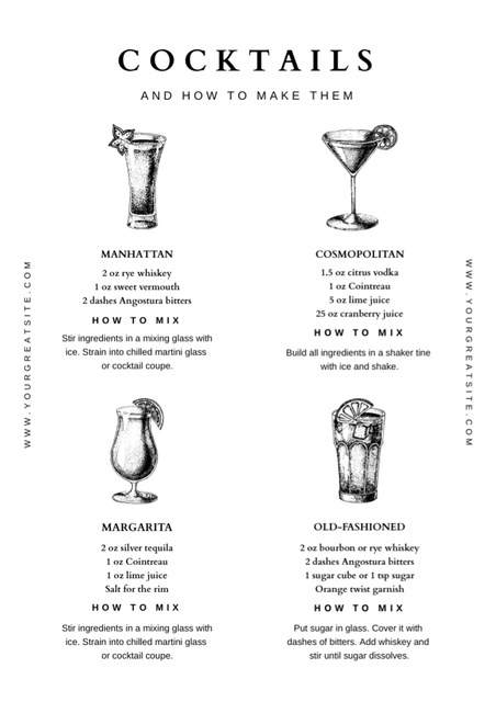 Cocktails Recipes in Vintage Sketch Menu Design Template
