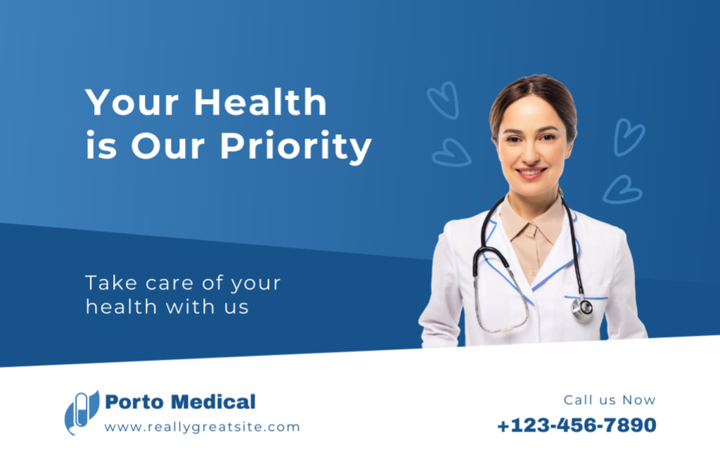 Medical Care Center Ad with Friendly Doctor Thank You Card 5.5x8.5in Design Template