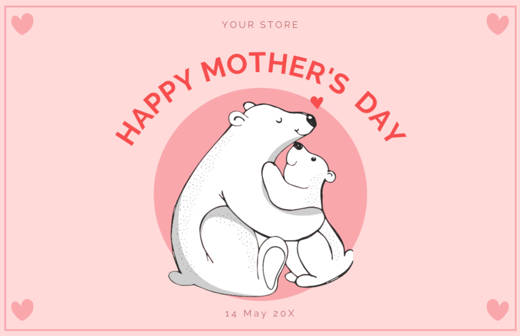 Mother's Day Holiday Greeting with Mama and Kid Bears Thank You Card 5.5x8.5in Design Template
