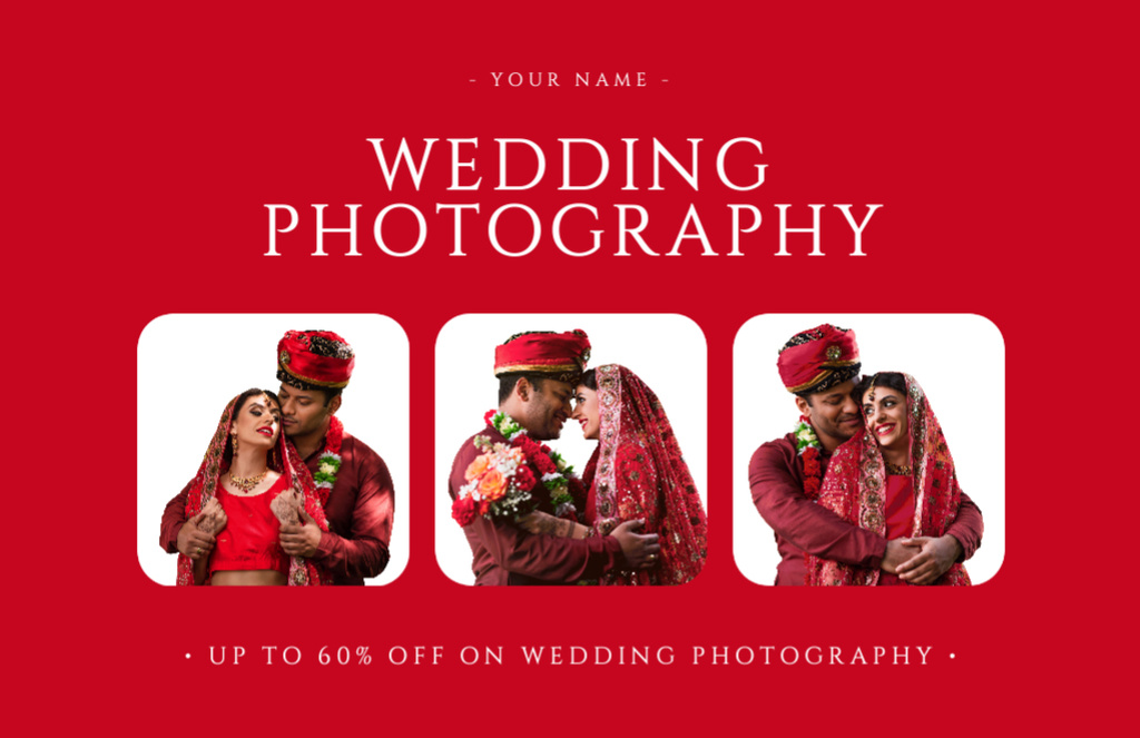 Wedding Photography Offer with Indian Bride and Groom on Red Thank You Card 5.5x8.5in tervezősablon