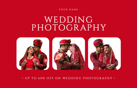 Wedding Photography Offer with Indian Bride and Groom on Red Thank You Card 5.5x8.5in Design Template