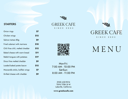 Platilla de diseño Greek Cafe Services Offer Menu 11x8.5in Tri-Fold