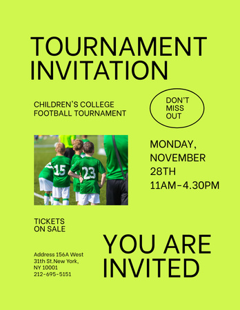 Kids' Football Tournament Announcement in Green Poster 8.5x11in Design Template