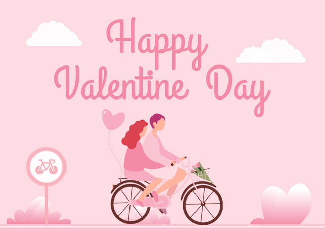 Valentine's Day Greetings with Couple in Love on Bicycle Card Design Template