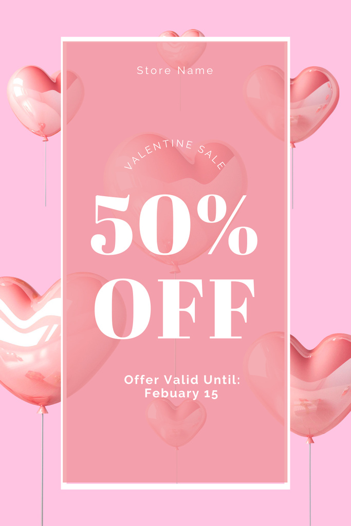 Valentine's Day Discount Offer with Hearts on Pink Pinterest Πρότυπο σχεδίασης