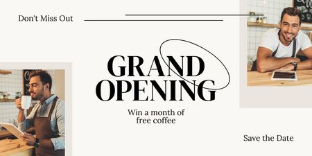 Otevření Grand Cafe s pohledným baristou Twitter Šablona návrhu