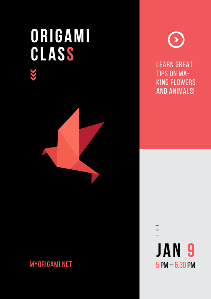 Origami Technique Courses Offer with Bird on Black Flyer A5 Design Template