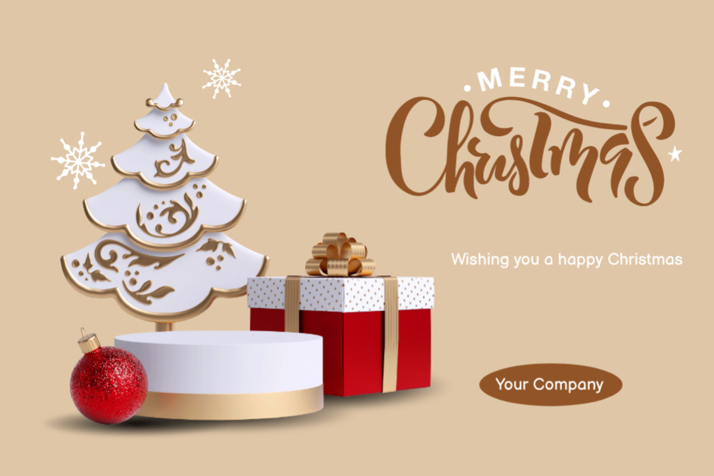Christmas Cheers with Present near Tree and Snowflakes Postcard 4x6in Šablona návrhu