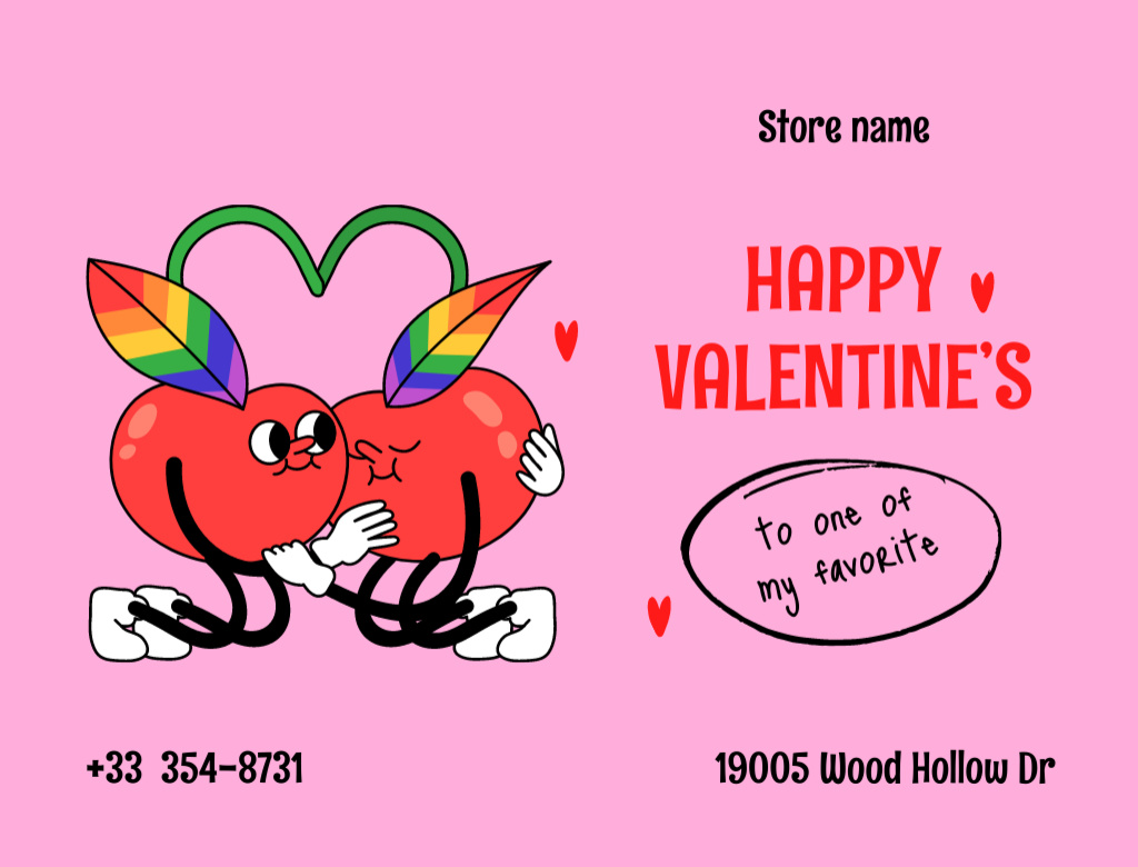 Valentine's Day Holiday Greeting with Cute Cherries in Love Postcard 4.2x5.5in Tasarım Şablonu