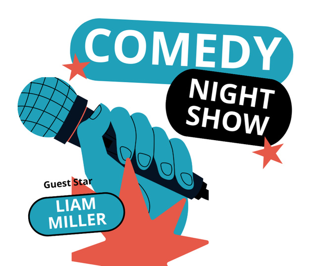 Designvorlage Comedy Show with Blue Microphone in Hand für Facebook