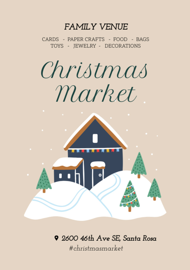 Christmas Market Invitation with Winter House Snow Landscape Illustration Flyer A7 – шаблон для дизайну
