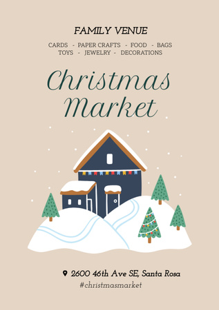 Christmas Market Invitation with Winter House Snow Landscape Illustration Flyer A7 Design Template