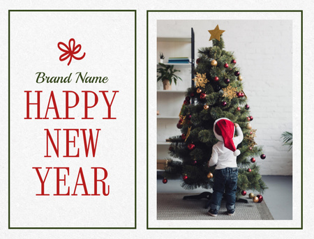Designvorlage New Year Holiday Greeting with Child near Tree für Postcard 4.2x5.5in