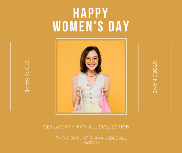 Woman with Shopping Bags on International Women's Day Facebookデザインテンプレート