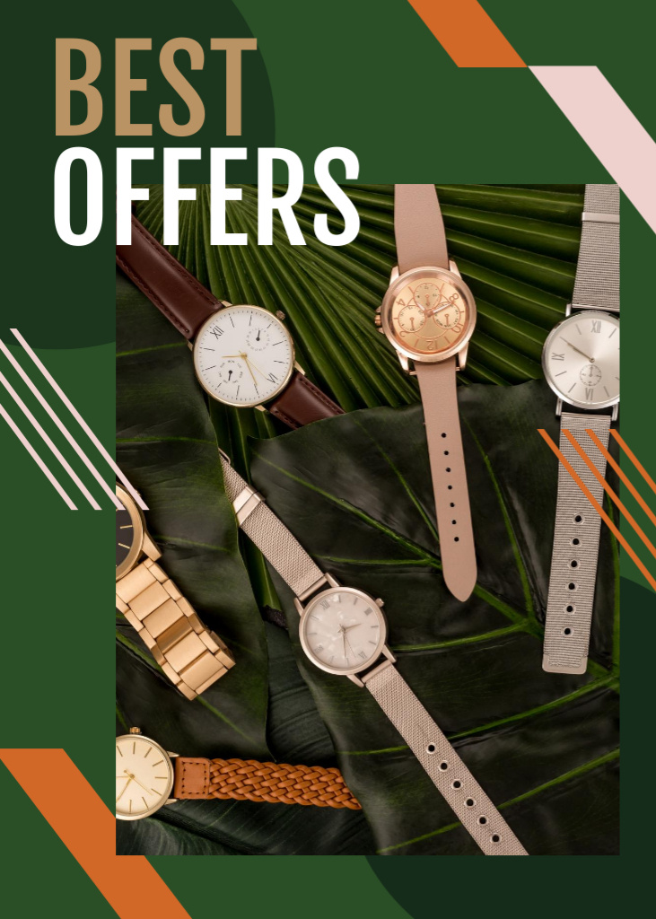 Watches Ad on Green Leaves Flayerデザインテンプレート