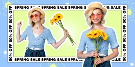 Spring Sale Announcement with Blonde in Hat Twitter Design Template