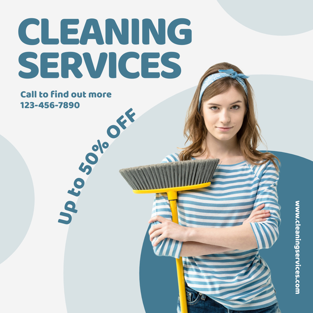 Cleaning Service Ad with Girl with Broom Instagram ADデザインテンプレート