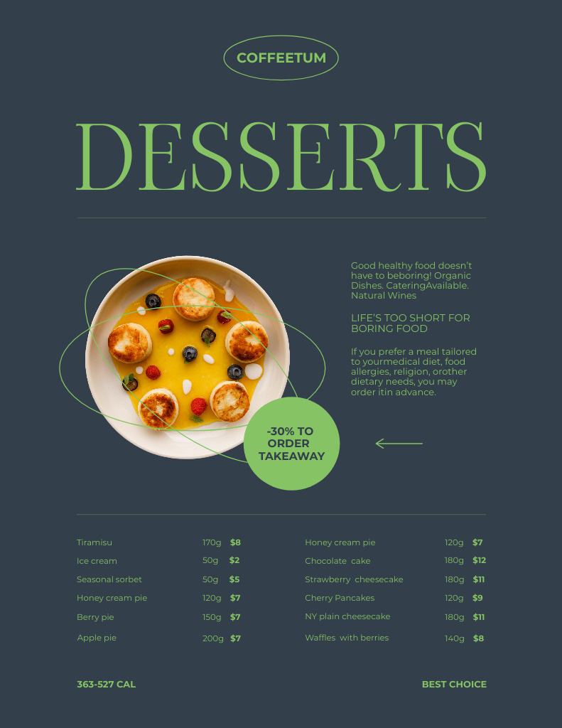 New Dessert Menu Proposal with Appetizing Dish Menu 8.5x11in Design Template