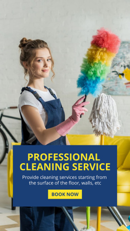 Professional Cleaning Service Offer with Girl Holding Dust Brush Instagram Video Story Modelo de Design