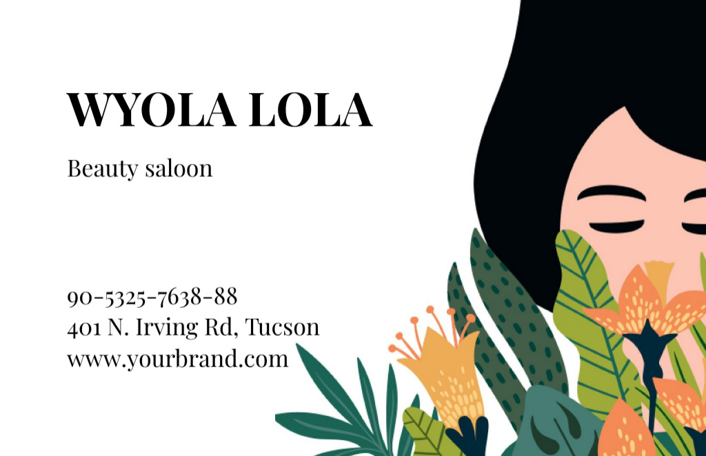 Beauty Salon Ad with Dreamy Woman Holding Bouquet Business Card 85x55mm – шаблон для дизайна