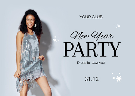Woman in Stunning Dress on New Year Party Flyer A6 Horizontal Design Template