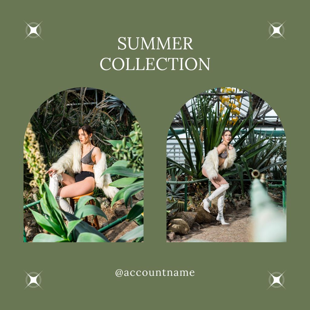 Female Summer Clothes Ad with Girl in Greenhouse Instagramデザインテンプレート