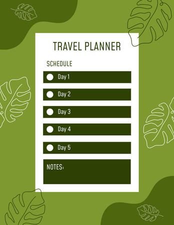Travel Planner with Leaves Illustration on Green Notepad 8.5x11in Design Template