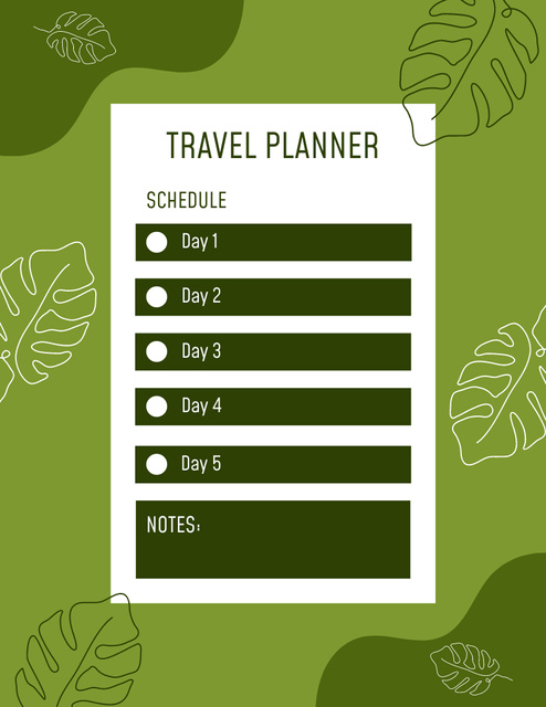 Travel Planner with Leaves Illustration on Green Notepad 8.5x11in – шаблон для дизайну