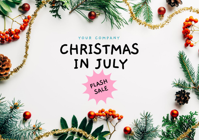 Szablon projektu July Christmas Sale Announcement with Pine and Rowan Branches Flyer A5 Horizontal