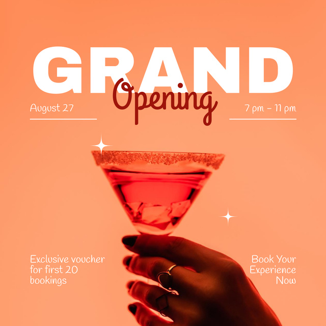 Plantilla de diseño de Exclusive Voucher For Guests On Grand Opening Event With Cocktail Instagram AD 