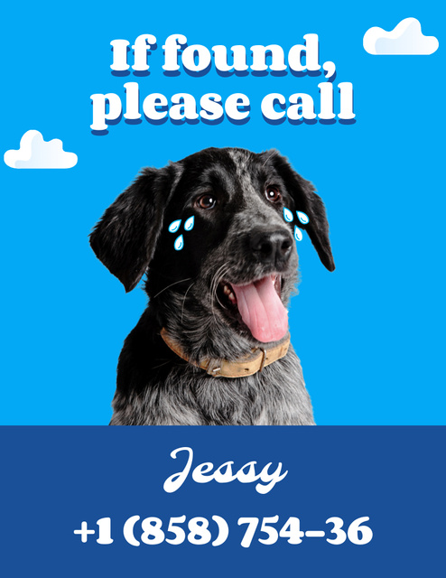 Designvorlage Missing Cute Dog Announcement on Blue für Flyer 8.5x11in