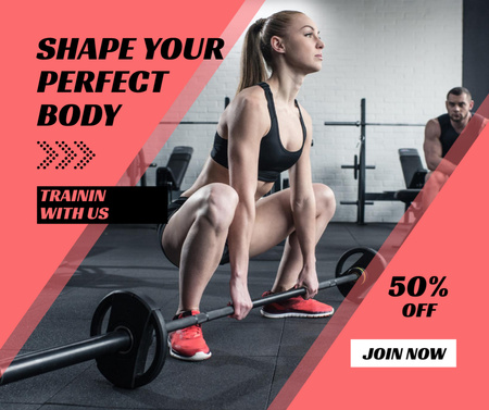 Best Gym Sale Offer with Woman Lifting Barbell Facebook Design Template