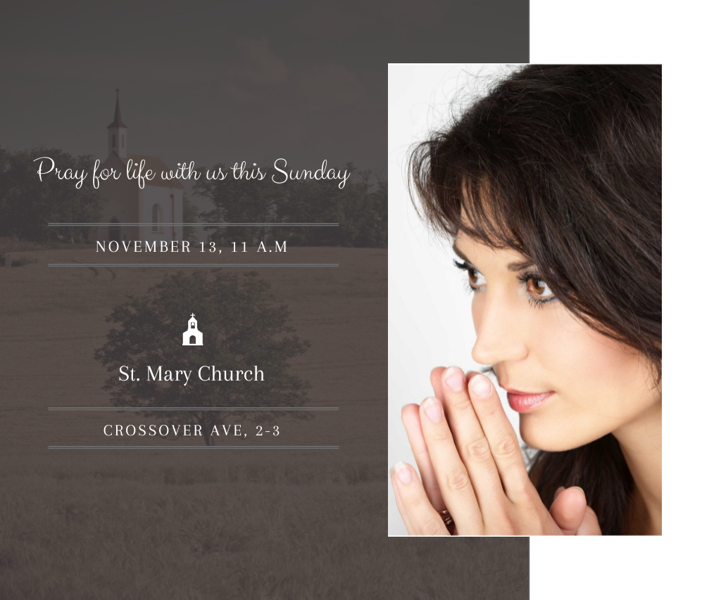 Sunday Prayer Invitation with Young Praying Woman Large Rectangle Modelo de Design