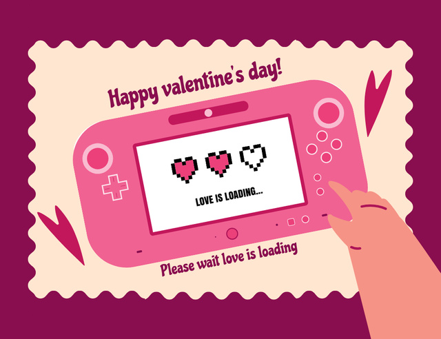 Happy Valentine's Day Greeting With Gamepad in Pink Thank You Card 5.5x4in Horizontal Tasarım Şablonu