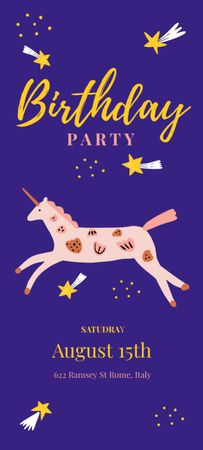 Template di design annuncio festa di compleanno con carino unicorno Invitation 9.5x21cm