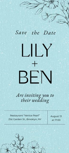 Wedding Day Announcement on Blue Invitation 9.5x21cm Design Template