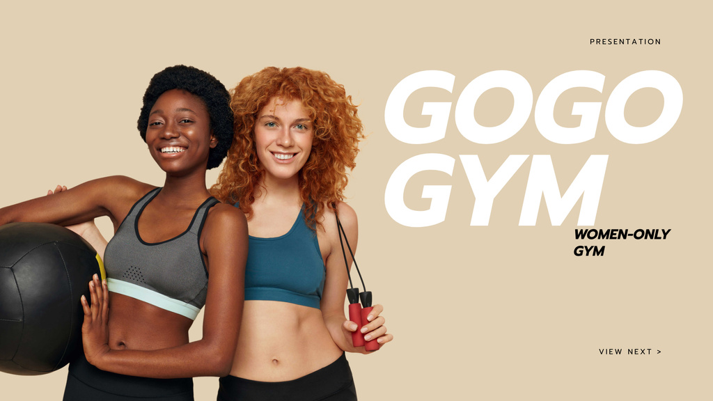 Designvorlage Gym promotion with Smiling Fit Woman für Presentation Wide