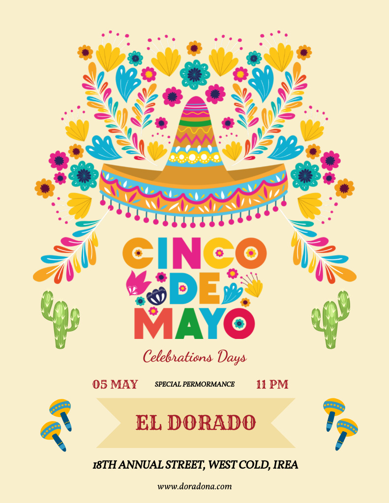 Cinco de Mayo Celebration With Colorful Ornaments And Sombrero Flyer 8.5x11in Tasarım Şablonu