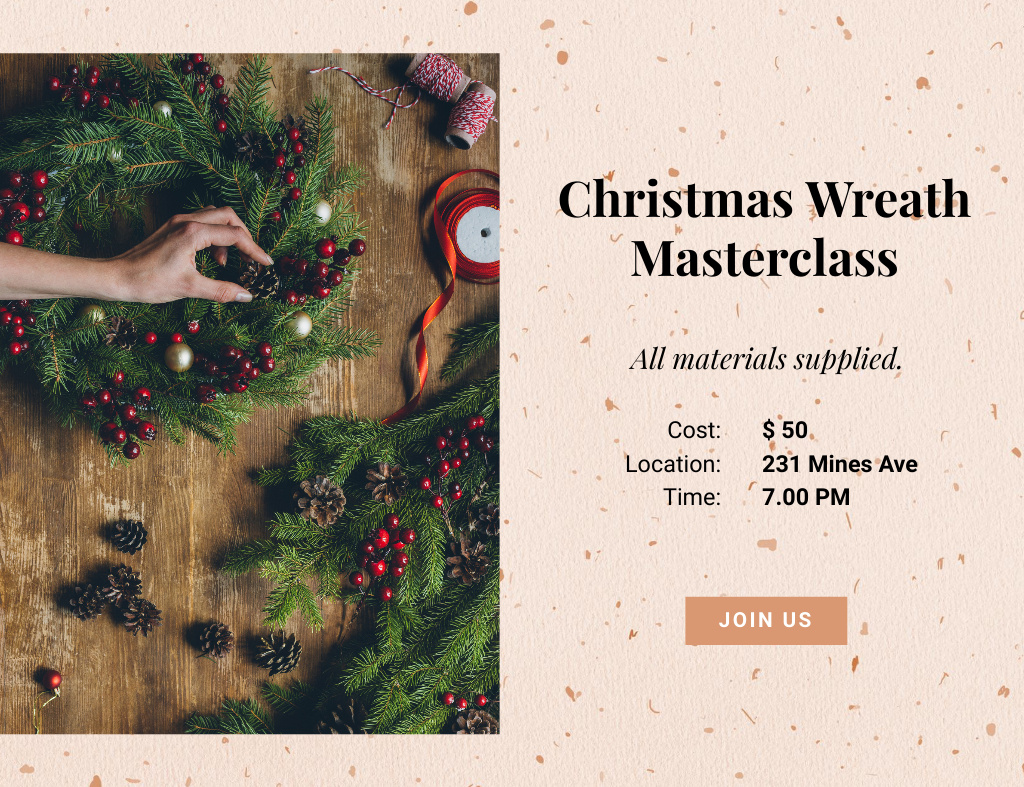 Designvorlage Announcement of Masterclass on Creating New Year's Wreaths für Invitation 13.9x10.7cm Horizontal