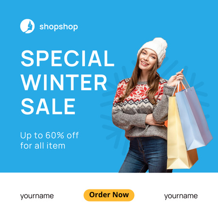 Special Winter Sale Announcement with Young Woman Shopping Instagram Design Template