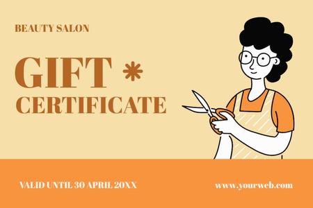 Иллюстрация парикмахера с ножницами Gift Certificate – шаблон для дизайна