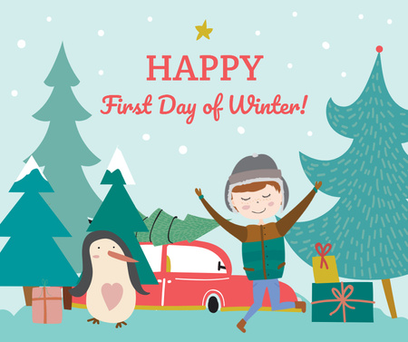 First day of Winter greeting with penguin and boy Facebook Design Template