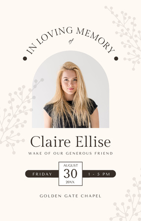 Funeral Ceremony in Memory of Young Woman Invitation 4.6x7.2in Design Template