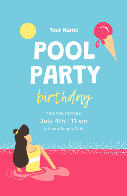 Birthday Party With Woman In Sweet Pool Invitation 5.5x8.5in Design Template