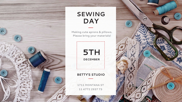 Sewing day event with needlework tools Title 1680x945px Design Template